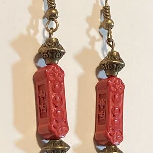 Red Cinnabar Dangle Earrings Vintage Inspired